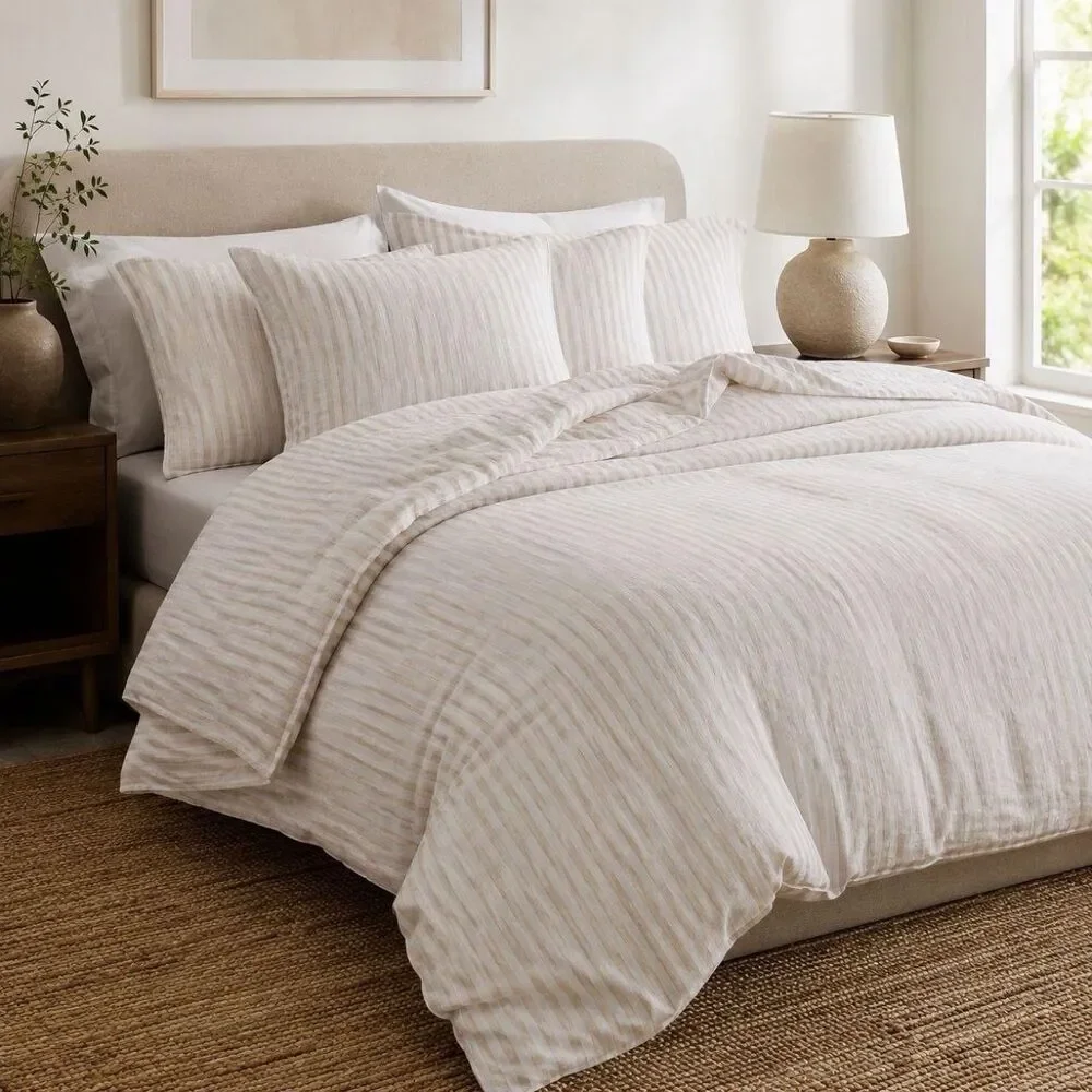 Quince Full Queen European Linen Duvet Cover Natural White Stripe Hard To Find